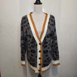 HYFVE Women's Fuzzy Leopard Print Button Front Cardigan Sweater Gray Small